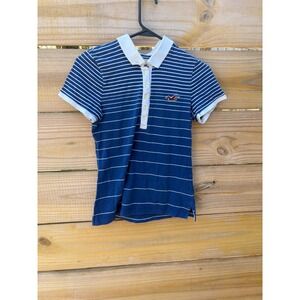 Hollister Blue White Striped SoCal Stretch Polo Shirt Womens Medium Short Sleeve